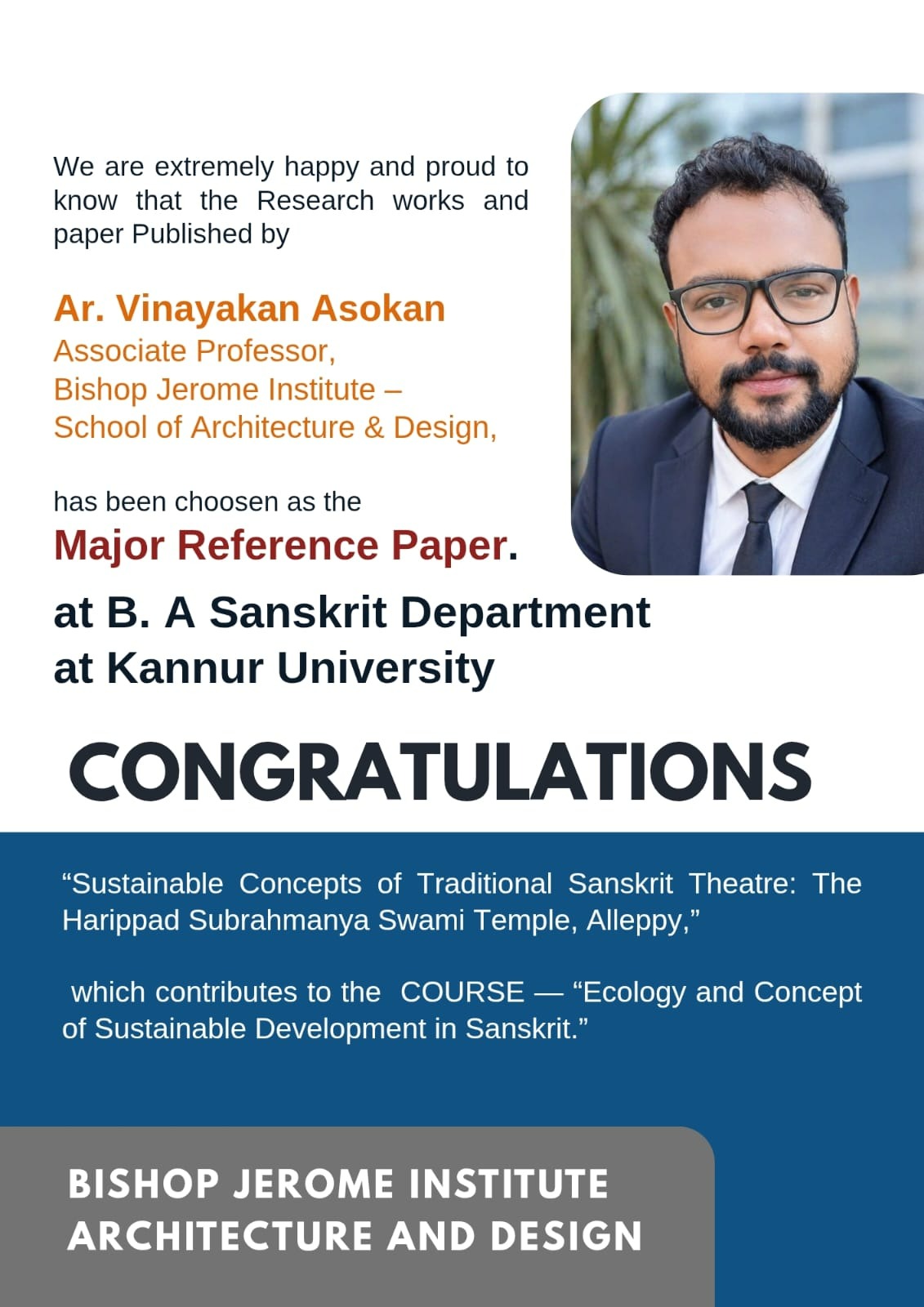 Major Academic Milestone: Research Paper by Ar. Vinayakan Asokan Selected as Core Reference Material at Kannur University